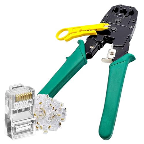 Cerrajería, KIT Pinza Ponchadora 3 En 1 Conector Rj45 Rj11 Rj12 Ethernet Pinzas, 100 piezas de conector Rj45 Cable Red UTP Cat 5e / Cat 6e Transparente, plástico de Alto...