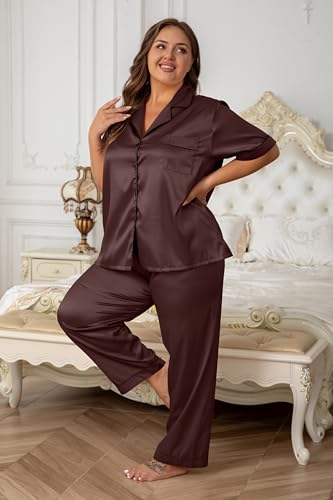 Image of Vozanet Women's Button Down Satin Pajama Sets Silky Short Sleeve Top & Pants Plus Size Loungewear Classic Sleepwear XL to 5XL
