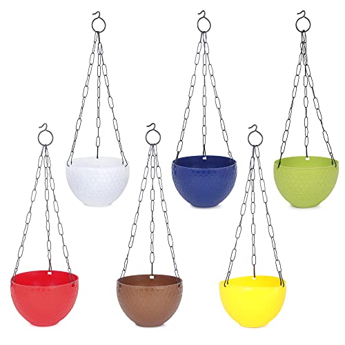JOREN Hanging Flowers Pots with Metal Hanging Chain Hanging Planers for Balcony, Home, Garden Decor Indoor and Outdoor Planting Pots for Plants Multicolour Pack – 6,