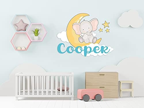 Custom Name & Initial Baby Elephant Stars and Clouds Wall Stickers - Prime Series - Baby Girl or Boy - Nursery Wall Decal for Baby Room Decorations - Mural Wall Decal Sticker for Home Children's Bedroom