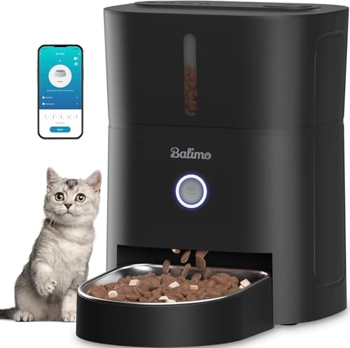 Balimo Distributeur Croquettes Chat Automatique, 2.4G WiFi 3L Distributeur De Croquettes pour Chat, 1-10 Repas par, Convient Aux Chiens et Chats, Noir