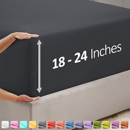 Image of Hearth & Harbor Extra Deep Pocket Queen Fitted Sheet - Fits 18 to 24 Inch Mattress - Ultra Soft 1800 Microfiber, Wrinkle-Free & Breathable - Hotel Luxury Fitted Sheet Only, Grey