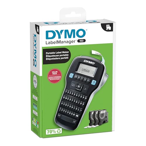 DYMO LabelManager 160 Portable Label Maker Bundle, Easy-to-Use, One-Touch Smart Keys, QWERTY Keyboard, Large Display, for Home & Office Organization, Includes 3 D1 Label Cassettes