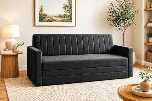 Image of 3 Seater Sofa Cum Bed with Armrest, Velvet Fabric Couch for Living Room, Space Saving Foldable Sleeper Sofa, (Black-Color)