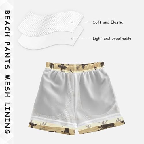 Pigsaly Boys Swim Trunks Cowboy Horses Western Wild West Brown Boys Board Shorts Swimsuit Swimwear Summer Bathing Suit 4T4