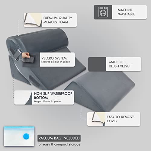 4 Pcs Orthopedic Bed Wedge Pillow Set – Post Surgery, Relaxing, Back & Adjustable Head Support Cushion – Triangle Memory Foam Pillow For Acid Reflux, Sleeping, Reading, Leg Elevation, Snoring (Grey) #TOP2