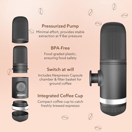 Image of AGARO Elite Hand Press Portable Espresso Maker, 10-Bar Hand Pressure, Compatible with Capsules & Ground Coffee, With Cup Holder, Travel-Friendly, Leak-Proof & Compact & Manually Operated