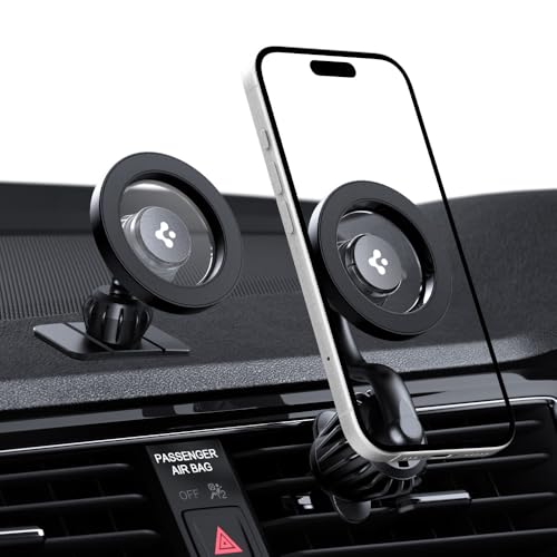 Image of Spigen Magnetic Air Vent Car Mobile Holder, Super Strong Magnet, (Magnetic Ring & Extra Mini Dashboard Mount Included) for iPhone 17 /16 /15 /13 /12, Samsung Galaxy & More (MFT13-1,Extension Type) - Black
