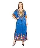 Art Of Creation Women Kaftan Dress Tunic Long Maxi Plus Size Polyester print Caftan Gown Beach Party Casual Kimono Nightdress (Blue)