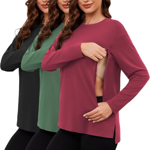 Image of Ecavus Women's Nursing Tops Long Sleeve 3 Packs Hidden Zipper Nursing Shirts for Breastfeeding Side Split Maternity Clothes