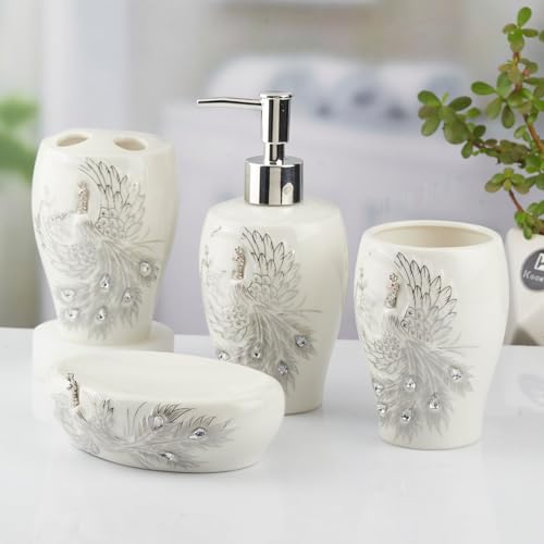 Image of Kookee Ceramic Bathroom Accessories Set of 4 | Soap Dispenser & Toothbrush Holder | Modern Luxury Bath Set | White & Silver Gift Set (10095)