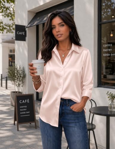 Image of Zeagoo Womens Satin Blouses Button Down Shirts 3 /4 Sleeve Dressy Tops S-2XL