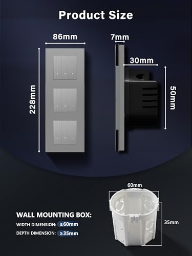 BSEED Smart Lichtschalter mit Doppel WIFI Dimmer Schalter,LED Dimmschalter Unterputz,Kompatibel mit Alexa&Google Home,Smarte Zeitpl&auml;ne,3 Fach 1 Weg Wlan Wandschalter Grau(Neutralleiter Erforderlich)