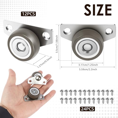 12 Pcs Side Mount Casters Wheels 1.25 Inch Non Swivel Caster Wheels No Noise Side Mounted Casters with 24 Screws for Furniture Cabinet Tables