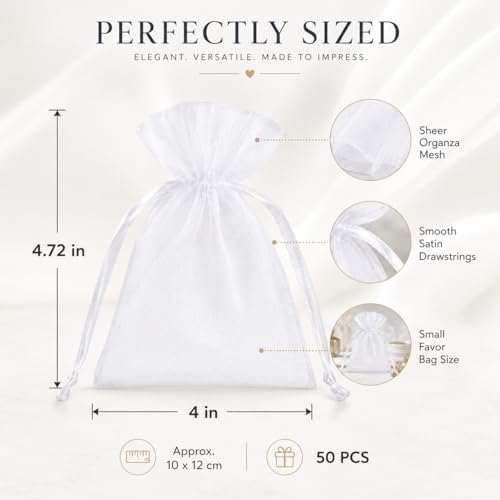 Image of Hopttreely 50pcs White Organza Bags, 4x4.72 inch Mesh Bags Drawstring Gift Bags Jewelry Pouches for Candy Wedding Favors Christmas, Bridal Showers, Candy, Jewelry & Goodie Bags