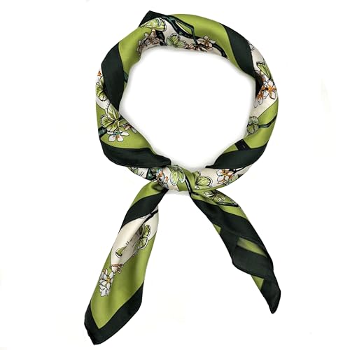 27 Inch Square Silk Feeling Neck Head Hair Scarf, Neckerchief, Satin Silk Scarf for Hair Wrapping, Stylish Floral Green Design - Main Image