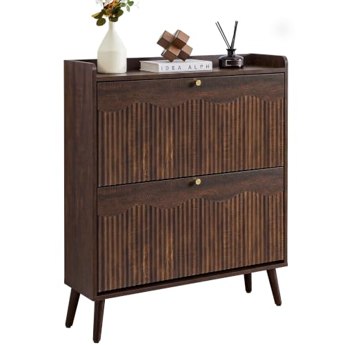 BERRYMERRY Dark Walnut 31.5" Fluted Shoe Storage Cabinet 2 Flip Drawer