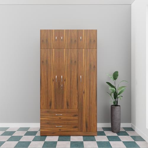 Image of VIKI Wardrobe | Wooden Almirah for Clothes,Door for Bedroom, 3 Door Loft Wardrobe with Drawer & Hanging Space (Brussel Walnut - 40D x 120W x 220H) | 1 Year Warranty | Free Assembly