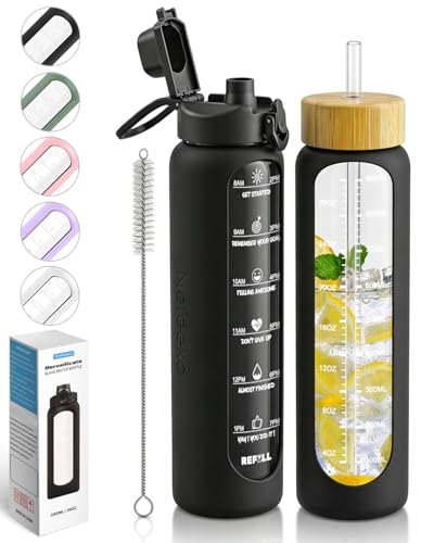Nefeeko 32 oz Glass Water Bottles with Straw, Time Marker, Motivational 1 Liter BPA FREE Leakproof Reusable Glass Water Bottle with Silicone Sleeve, Bamboo, Spout Lid