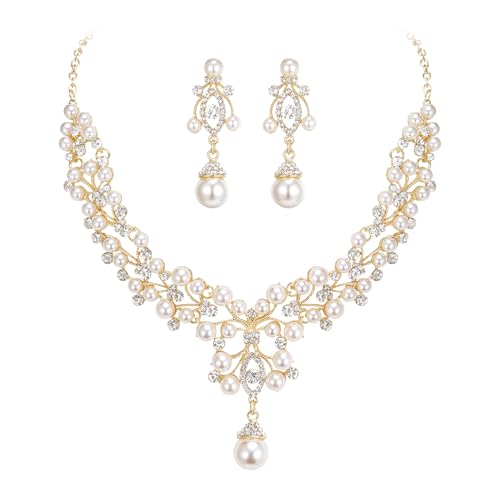 EVER FAITH Flower Simulated Pearl Wedding Jewelry Set Clear Austrian Crystal - Gold-Tone