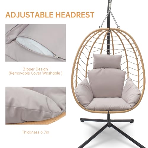 Varvind VA-012BE-1-VC Hanging Egg Chair With Stand Patio Hammock Swing Chair, Basket Wicker Rattan Adjustable Height Uv Resistant Indoor Outdoor Use 350Lbs Beige Grey thumb #4