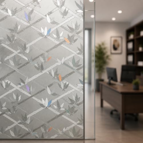 Image of CVANU Leaves & Bamboo Frosted Privacy Window Film, Self Adhesive Waterproof Vinyl Sticker for Glass Doors, Windows, Bathroom & Office Use (12 x 36 Inch)