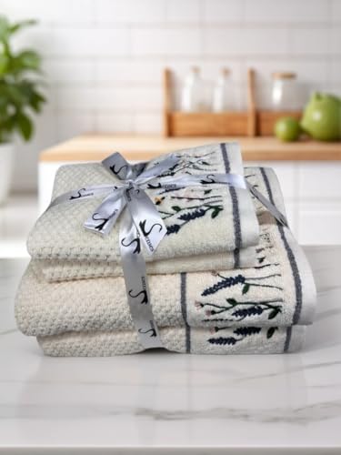 Image of SENSES By Riba Cotton Embroidered Towel Set, 550 GSM Soft & Absorbent, Antimicrobial, Oeko-Tex Certified | Ideal for Home & Gifting, Pack of 4 (2 Bath 27 inchX50 inch + 2 Hand Towels 16 inchX26 inch) - Style 18