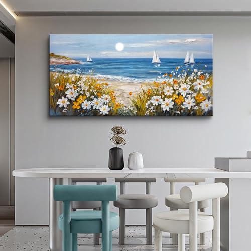 KELIYUAN Large Vintage Landscape Painting Home Decor Blue Ocean Beach Painting Living Room Decorative Wall Art Modern Print Canvas White Flowers Farmhouse Office Bedroom Wall Decor 30 X 60 Inches