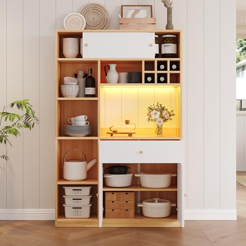 Crlnaup Armario de cocina, buffet de cocina con armario buffet LED, armario multiusos con un cajón, tres puertas y estantes para guardar cubiertos, gran espacio para microondas. 115 x 35 x 180 cm