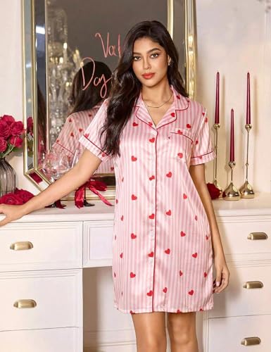 Marvmys Women's Sleepshirts Satin Silk Nightgown Short Sleeve Sleepwear Striped Boyfriend Pajama Dress M - image 3
