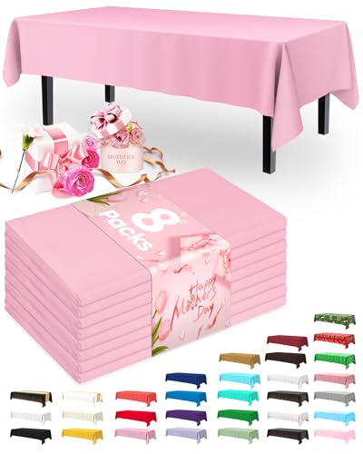 Image of Pureegg Plastic Table Cloth Disposable 8 Pack, 54 x 108 Inch Table Cloths, Easter Party, Valentines, Mothers Day Decorations, Tablecloths, Rectangle, Pastel Plastic Cover, Leakproof & Sturdy, Pink