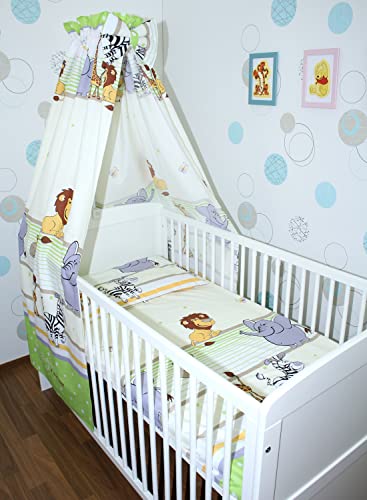 Baby Bettset Bettwäsche mit Himmel Vollstoff - Safari Grün - Bettausstattung Set (5 teilig)