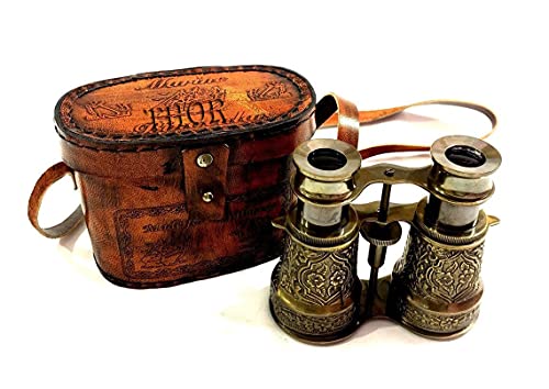 Binoculares náuticos vintage con estuche de cuero marrón miniatura 1