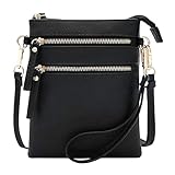 Solene Women's Faux Leather Organizer Multi Zipper Pockets Handbag With Detachable Wristlet Crossbody Bag-WU002(Black)