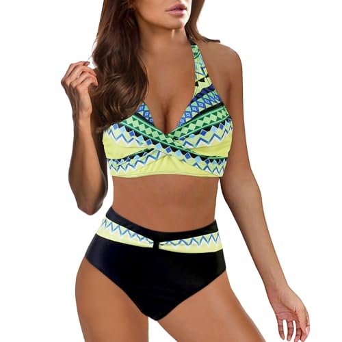 DACONGMING Bikini para mujer, traje de baño de dos piezas, cuello en V, diseño floral cruzado, control de abdomen, conjuntos de bikini para mujer, push up, deporte, sexy, Amarillo-a., XXL