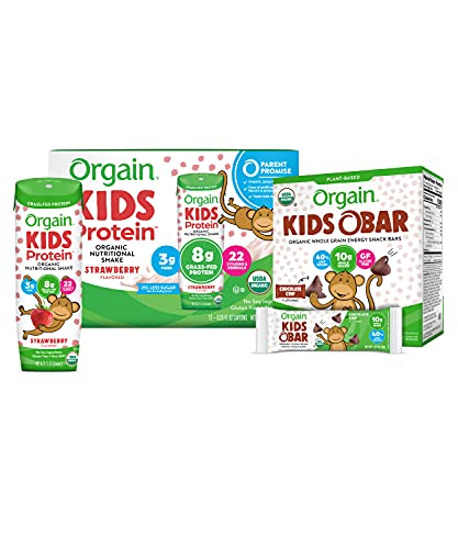 Orgain Bundle - Strawberry Kids Protein Shakes (12 Count) and Chocolate Chip Kid Energy Bars (10 Count) - Great for Snacks, Made without Gluten, Non-GMO