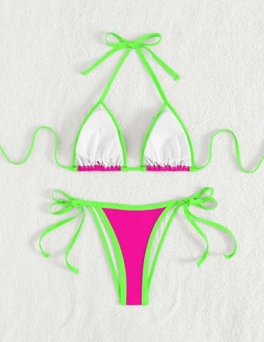 Image of Tainehs Women's Sexy Halter Thong Bikini Tie Two Sides Bottom Triangle Bikini Swimsuits