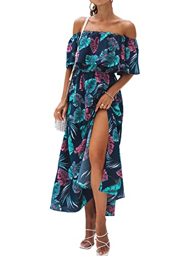 CUPSHE Dress for Women Summer A Shape Dresses Off Shoulder Sleeve Maxi Length Ruffle Fitted Waisted Tropical Printed, Blue M