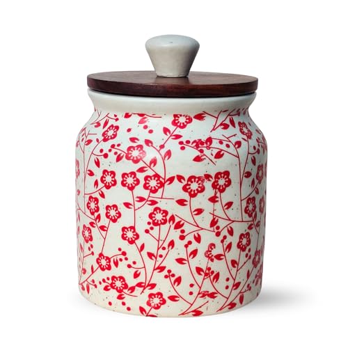 Image of Vistas 'Heritage Red' Airtight 420ml Set of 1 Ceramic Jar for Kitchen Storage | Handcrafted Ceramic Barni with Wooden Lid | Multipurpose Pickle, Spice & Salt Container