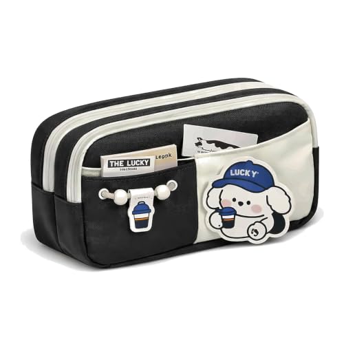 Image of Canvas School Bag Pencil Case, 3 Layer 6 Compartment Large Capacity, Aesthetic Pencil Pouch for Stationary, Cute Stationery for Kids, Pencil Case for Girls & Boys (Black)