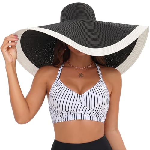 Oversized Sun Hats for Women Wide Brim UV Protection Straw Hats Striped Floppy Sun Protection Hats Packable Beach Hat (A Black/White One Size)