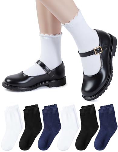 HONGTEYA 6 Pairs Girls White Ruffle Socks School Uniform Dress Socks for Kids Seamless Crew Ankle Cotton Size 2-14 Years