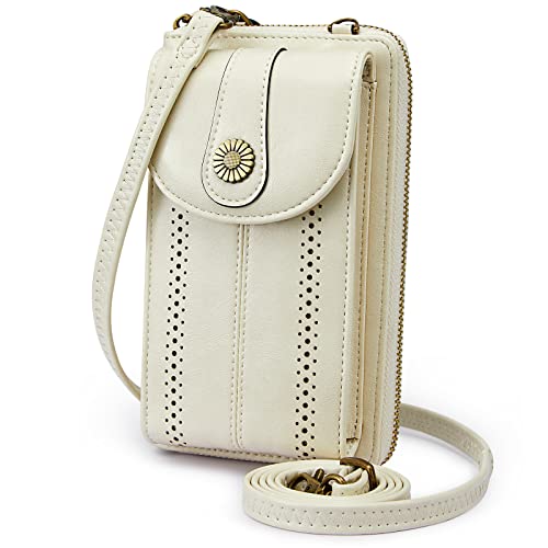 S-ZONE RFID Blocking 6.7 Inch Phone Purse Small Crossbody Bag PU Leather Cellphone Wallet Retro Hollow for Women Lady 1-beige S Retro