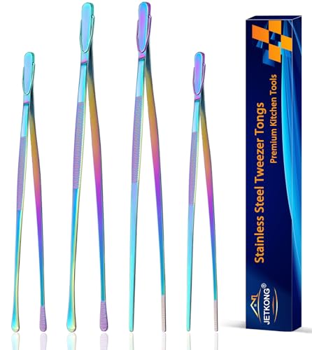 JETKONG 4 Pcs Kitchen Tweezers, 12'' and 10'' Stainless Steel Cooking Tweezers Set, High-Precision Tweezers Tongs for Cooking, Repairing, Seafood and BBQ (Rainbow)