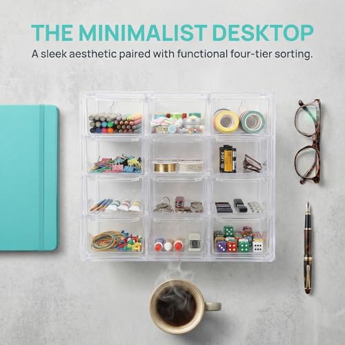 ASOUUNLD Stapelbarer Schubladenbox Transparente Kleinteileaufbewahrung 12-Fach Sortierbox mit 6 Mini Aufbewahrungsboxen Schreibtisch Organizer Box für Büro Schmuck Kosmetik Perlen