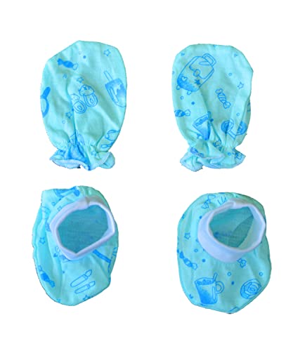 Image of New Born Baby Itch Free Feel Free Printed 100% Cotton Monkey Cap (Pack Of 10) Boot And Glows Set Combo (Set Of 5,0To3 Months),Assorted