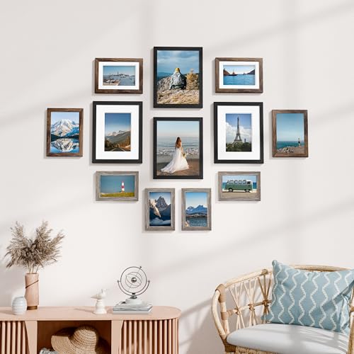 Image of Vittanly 12 Pack Picture Frames Collage Wall Decor for Mounting or Tabletop Display, Gallery Wall Frame Set for Family, Multi Sizes Including 4pcs 8x10, 4pcs 5x7, 4pcs 4x6, Black, Brown and Dark Grey