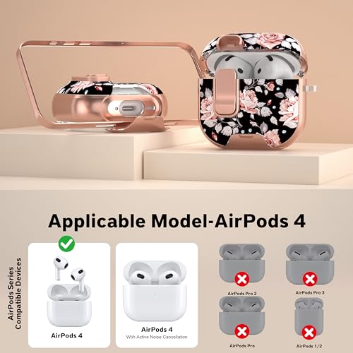 Image of for Apple AirPods 4 Case 2025 with Safety Lock & Foldable Phone Stand, Rose | Double Drop Protection,Two-Piece Design, Airpod 4 Case with Keychain & Cleaner Kit, Support Wireless Charging, Shockproof