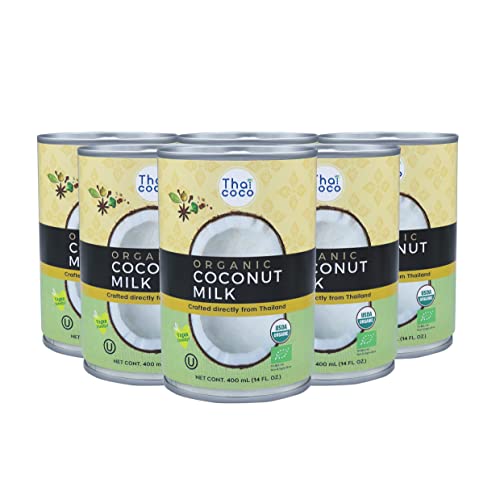 Thai Coco Organic Coconut Milk Canned - Full Fat Coconut Milk Unsweetened - Dairy Alternative Coffee Creamer - 100% Organic - USDA Organic Certified - BPA Free - 6 Cans of 14 fl. oz. (Coconut Milk)