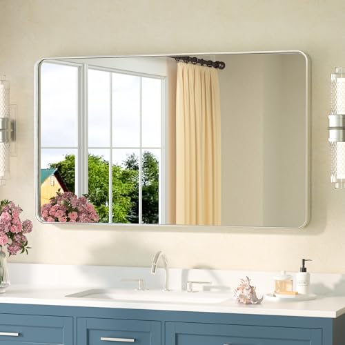 Image of TETOTE Brushed Nickel Bathroom Mirror 40 x 24 Inch Brushed Nickel Metal Framed Bathroom Mirror, Tempered Glass, Modern Farmhouse Wall Mounted Mirror for Decorative(Horizontal /Vertical)